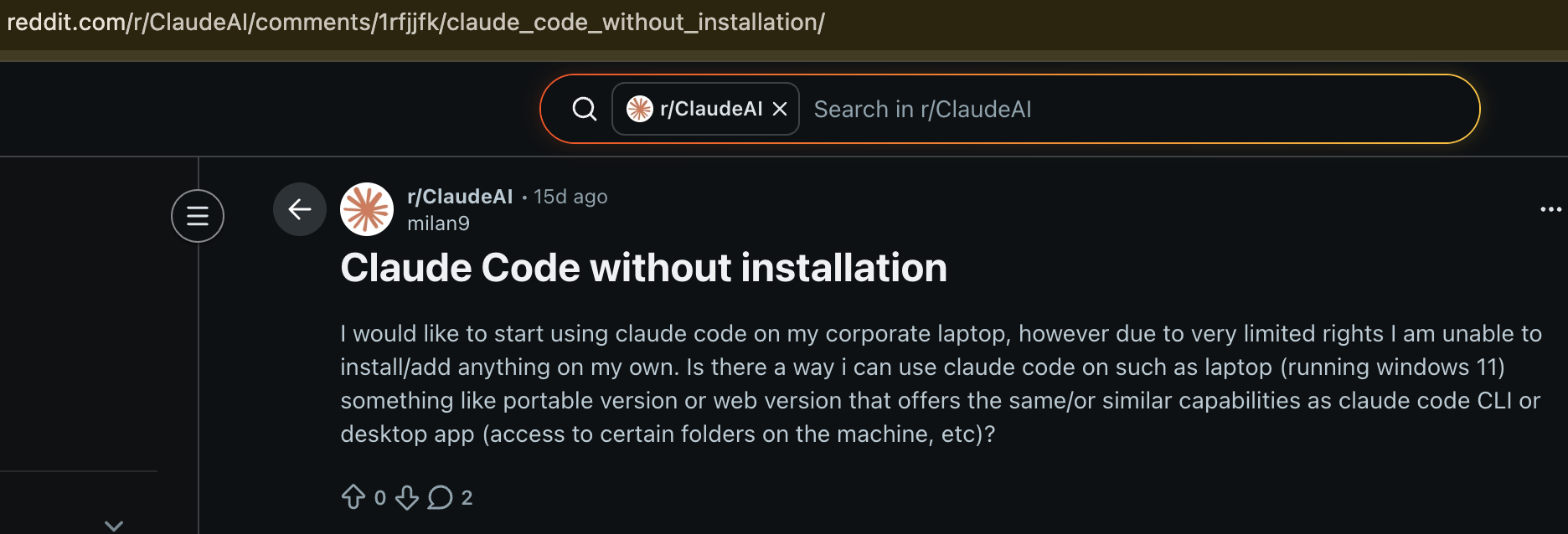 Claude Code without installation - Reddit post
